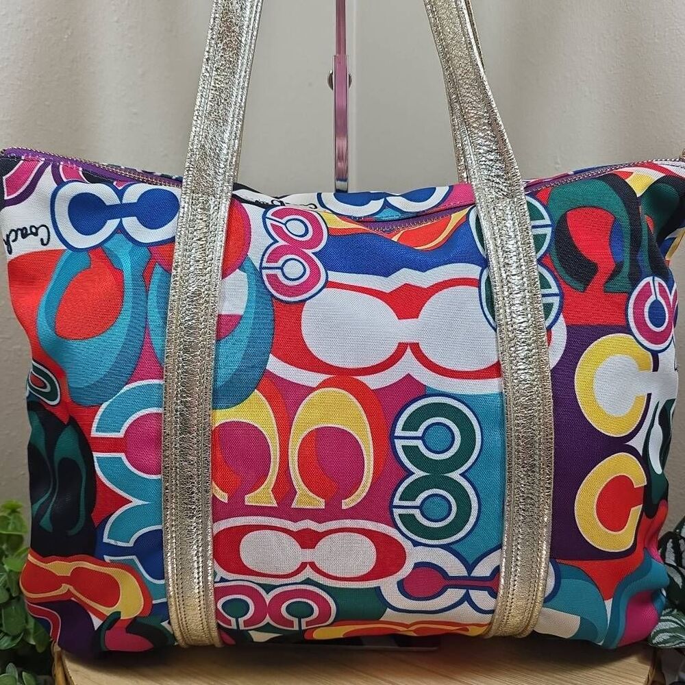 Coach Poppy Glam Tote Op Art Signature Multi-Color Jacquard Shoulder Bag Gold Le - Picture 5 of 14